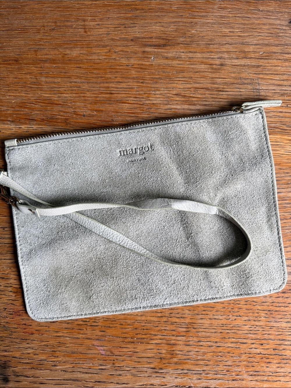 margot Suede Wristlet Clutch in taupe